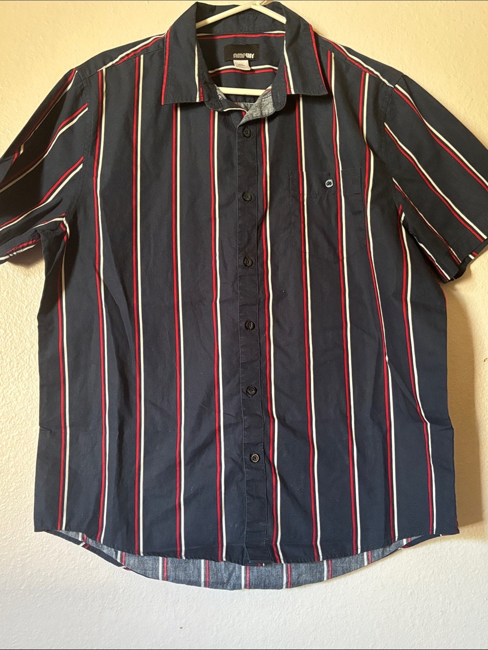 Men’s Dark Blue and Red Striped Button Down Shirt, Short sleeve, Size L